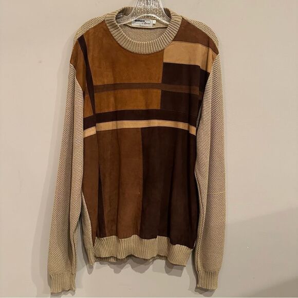 MONDO Vintage Sweater Mens Size Large Suede Knit Crew Italy - Picture 1 of 9